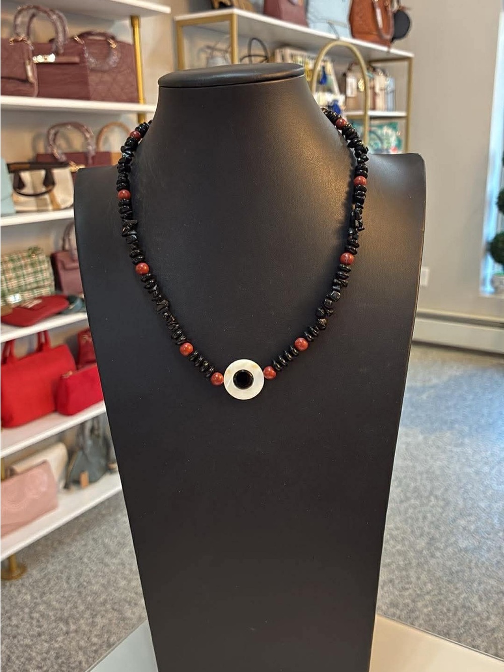 Stone Black and Red Beaded Necklace with Silver Accent